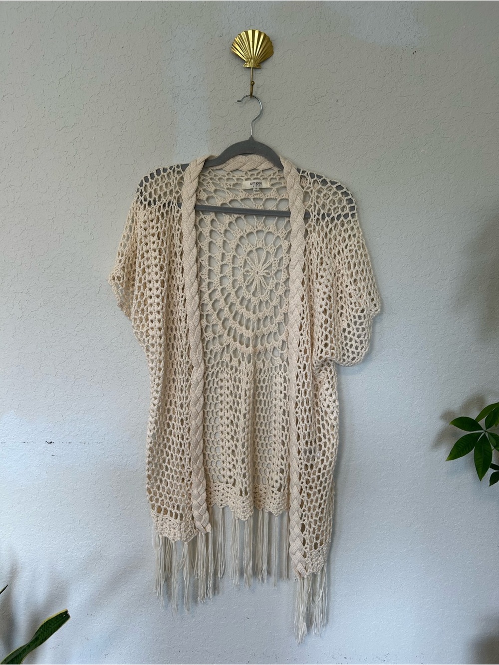 Umgee Cream Crochet Open Knit Fringe Boho Kimono Cardigan Size M - Picture 3 of 8